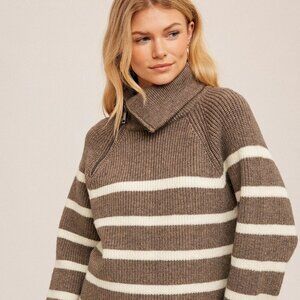 HEM & THREAD Brown White Striped Quarter Zip Sweater, Cozy Knit Pullover